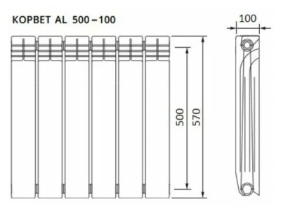  Радиатор алюминиевый КОРВЕТ 500/100 6 секций 1,2кг 181Вт/секция купить в Воронеже